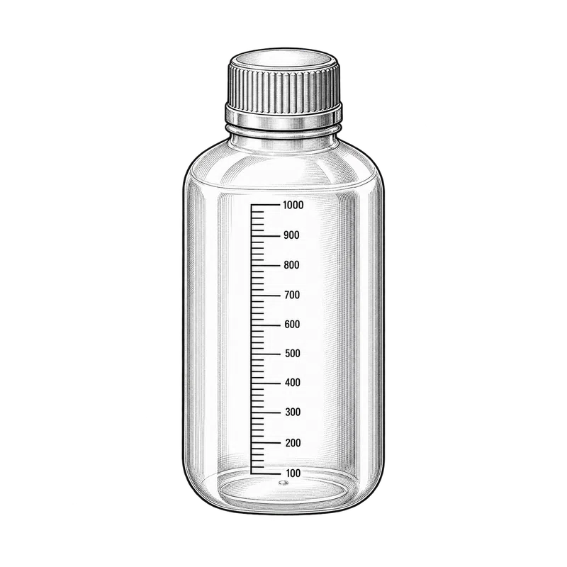 Technische Strichzeichnung zum Bauteiltyp: Kunststoffflasche mit Skala u. Schraubdeckel 1000 ml Art. 109KFLS1000HUROV